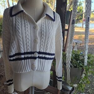 Pink Rose Cream Cropped Cable Knit Cardigan With Navy Blue Trim Size M